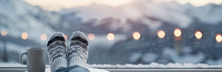 A cup of coffee sits on a table beside a pair of cozy socks, overlooking a snowy landscape with a sun-drenched sky in the background.の素材