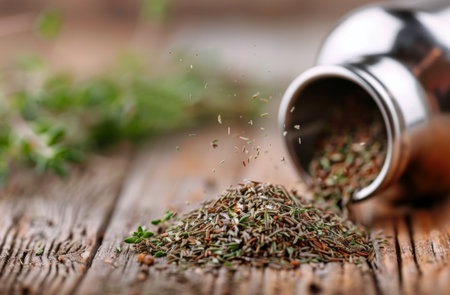 Dried herbs, likely a mixture of thyme and rosemary, are poured from a metal container onto a wooden surface.の素材