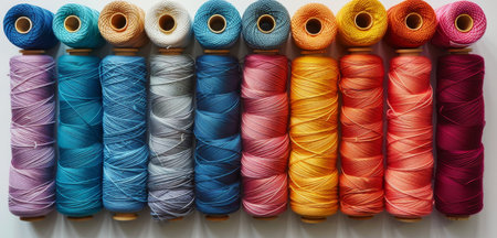 A row of colorful spools of thread on a white surface.の素材