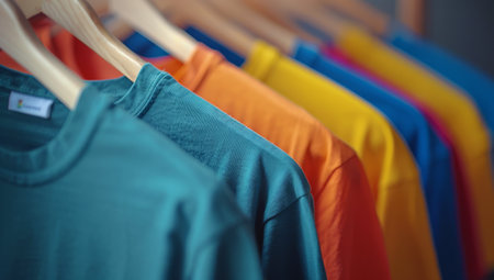 A row of colorful t-shirts hangs on wooden hangers in a retail store.の素材