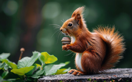 A close-up photograph of a red squirrel sitting on a tree branch in a forest, holding a nut in its paws.の素材