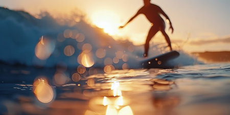 A silhouette of a surfer riding a wave at sunset, with the sun creating a warm glow and bokeh effect on the water.の素材