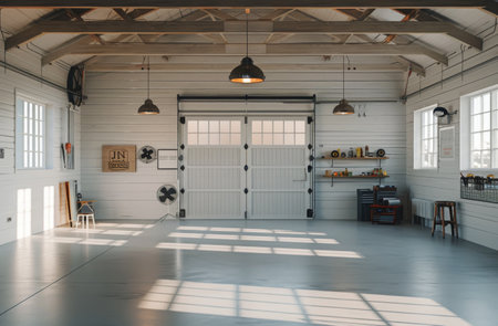 A well-lit, empty garage with an open garage door.の素材