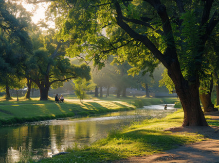 A person sits by a river in a park on an autumn day. The sun shines through the trees, casting a warm glow on the water.の素材