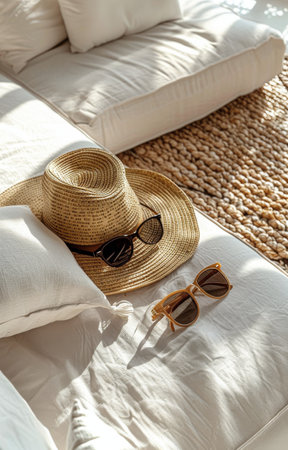 A straw hat and sunglasses lie on a white couch, bathed in the warm glow of summer sunlight.の素材