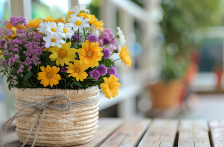A wicker basket filled with yellow, white, and purple flowers sits on a wooden table. The flowers are in focus, while the background is blurry.の素材