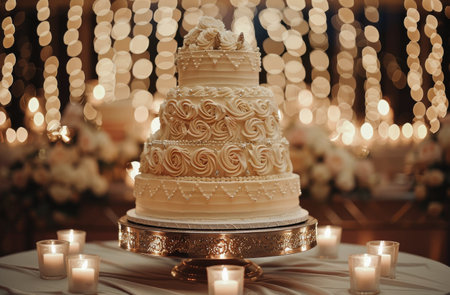 A three-tier white wedding cake with pearl and flower decorations on a silver cake stand, surrounded by candles, at an evening reception.の素材