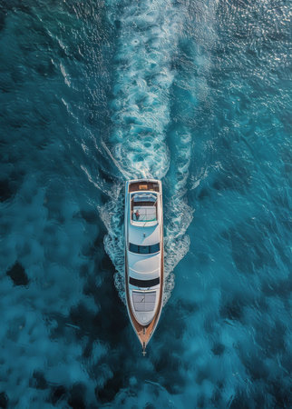 An aerial view of a white yacht cruising through turquoise blue waters. The yacht is seen from above, with a wake of white foam trailing behind it.の素材