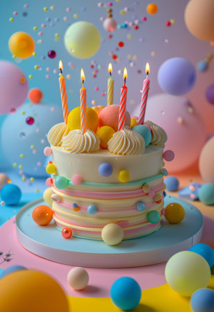 A birthday cake with pastel blue and pink frosting, topped with candles and colorful sprinkles, surrounded by pastel balloons and decorations.の素材
