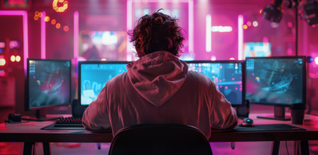 A young gamer is seen from focusing behind, intently on a game on his computer screen. The room is lit with pink neon lights, adding a vibrant and energetic atmosphere.の素材