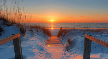 A wooden pathway leads to a beautiful beach sunset with golden hues reflecting on the snow-covered sand.の素材