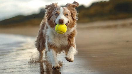 A lively dog joyfully runs along the sand of a beach, clutching a wet bright yellow tennis ball in its mouth. The sky is overcast, creating a serene atmosphere at the shoreline.の素材