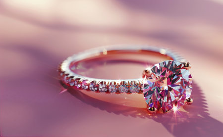 A close-up shot of a beautiful diamond engagement ring resting on a pink surface. The large center diamond sparkles brilliantly in the light.の素材