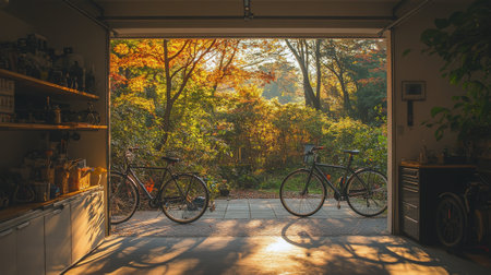 Bicycles are neatly arranged in a stylish garage illuminated by warm lights, showcasing modern design elements and a cozy atmosphere during the evening.の素材