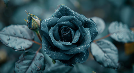 A close-up photograph of a single black rose in full bloom, with dew drops on its petals, set against a blurred background of orange leaves.の素材
