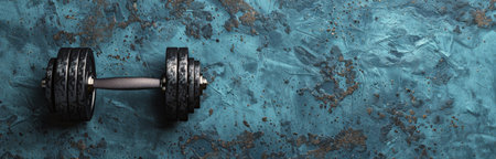 A single dumbbell rests on a textured blue surface.の素材