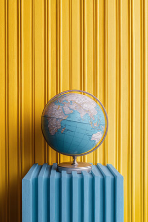 A decorative globe rests on a wooden table, showing a detailed map of the world. The yellow wall behind it adds a lively backdrop, enhancing the globe's vintage charm and educational appeal.の素材