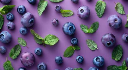 Blueberries, blackberries, and mint leaves are arranged in a pattern on a purple background.の素材