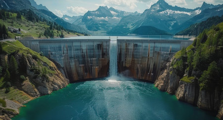 A large dam and reservoir nestled between towering mountains in the Swiss Alps. The water is calm and serene, with a small waterfall cascading over the dam.の素材