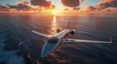 A private jet flies over the ocean at sunset, with a beautiful golden sky in the background.の素材