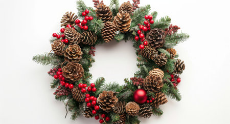 A close-up of a Christmas wreath with pine cones, red berries, and red ornaments, set against a white background.の素材