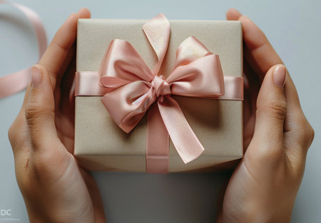 A pair of hands hold a small, square gift box with a pink ribbon and bow. The gift is on a plain, white background.の素材
