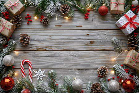 A rustic wooden background with a festive border of Christmas decorations, including evergreen branches, pine cones, ornaments, candy canes, and wrapped gifts.の素材