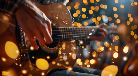 A close-up photo of a musician playing an acoustic guitar, with a background of colorful lights and confetti.の素材