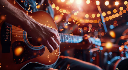 A close-up photo of a musician playing an acoustic guitar, with a background of colorful lights and confetti.の素材