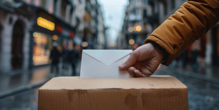 A close-up of a hand placing a white envelope into a cardboard ballot box on a city street during the daytime.の素材