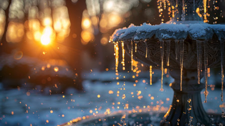 A fountain covered in ice with water dripping from it, captured during a golden sunset.の素材