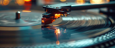A vintage record player with a vinyl record spinning on the turntable. The red lights in the background are blurred.の素材