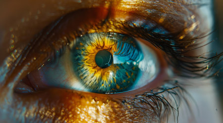 A detailed close-up photograph of a blue eye with a yellow iris.の素材