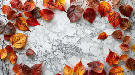 An overhead shot of a white marble surface with scattered autumn leaves in shades of red, orange, and yellow.の素材