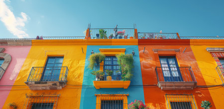A row of colorful houses with balconies in Mexico City, showing vibrant orange, yellow, blue, and red facades.の素材