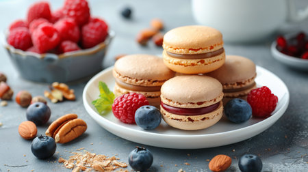 Four macarons with various colors on a white plate with fresh berries and pecans, on a gray textured surface.の素材