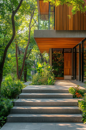 A contemporary entrance features clean lines and wooden accents, framed by vibrant plants. Warm afternoon sunlight highlights the natural textures, creating an inviting and serene atmosphere.の素材
