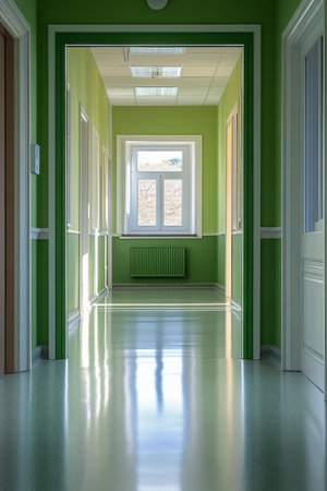 A sleek corridor featuring multiple green doors along the walls, illuminating glossy floors under bright overhead lights, creating a clean and inviting atmosphere in a modern building.の素材