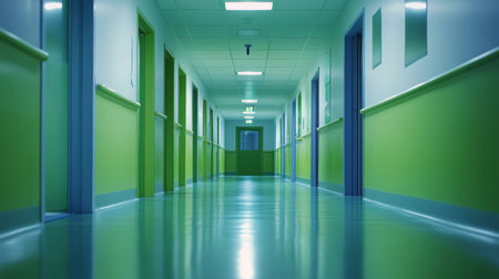 A long features hallway teal walls and a single green door at the end. Soft lighting creates a calm atmosphere, while two doorways on either side hint at separate rooms in the apartment building.の素材
