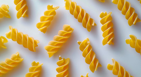 A close-up of raw uncooked spiral pasta on a white surface.の素材