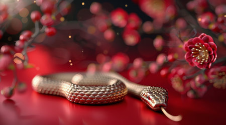 A golden snake with red eyes rests on a red surface, surrounded by pink blossoms and red berries. The background is blurred with bokeh lights, creating a festive atmosphere.の素材