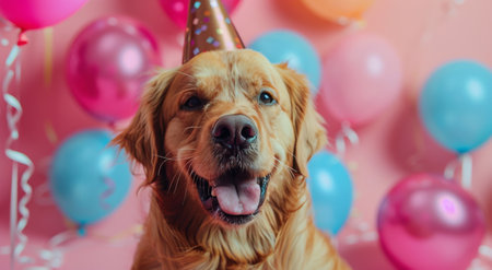 A golden retriever dog wearing a birthday hat is surrounded by colorful balloons.の素材
