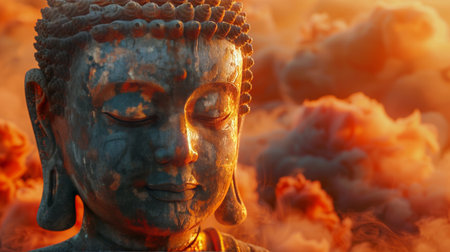 A close up of a Buddha statue, showing intricate details and features.の素材