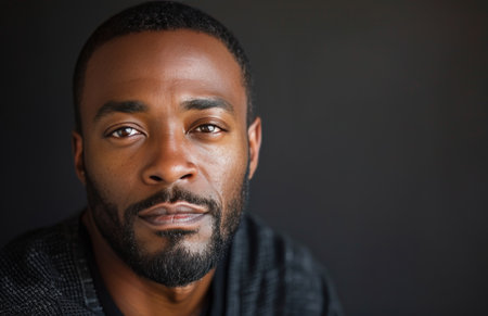 A close-up portrait of a young man with short hair and a goatee, staring directly at the camera.の素材