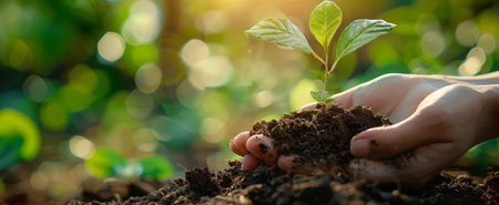 A close-up image of hands carefully holding a young plant with soil, showing the importance of nurturing growth and nature.の素材