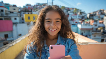 A joyful young woman takes a selfie at sunset, her smile bright against the colorful sky and city skyline. Sunlight reflects off her hair, creating a warm glow as she captures the moment.の素材