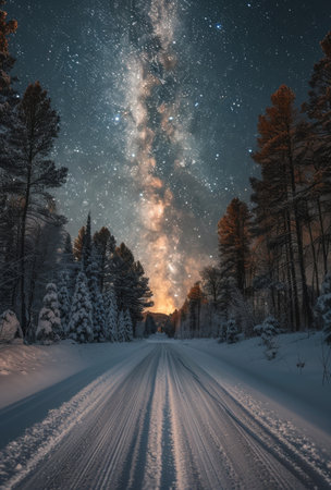 A snowy forest road at sunset with the Milky Way visible in the sky.の素材