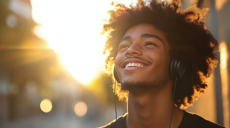 A young man stands outside, smiling and wearing headphones, surrounded by vibrant autumn foliage and a warm atmosphere.の素材