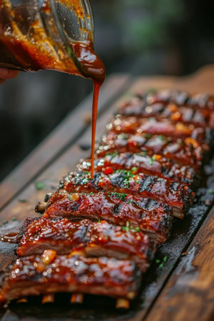 A hand pours rich sauce over perfectly grilled barbecue ribs placed on a wooden board, surrounded by fresh herbs, enhancing the dish's flavor and presentation.の素材