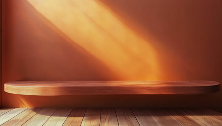 Soft rays of sunlight create a warm glow on a wooden shelf, set against a rich orange wall, enhancing the serene atmosphere of the space.の素材